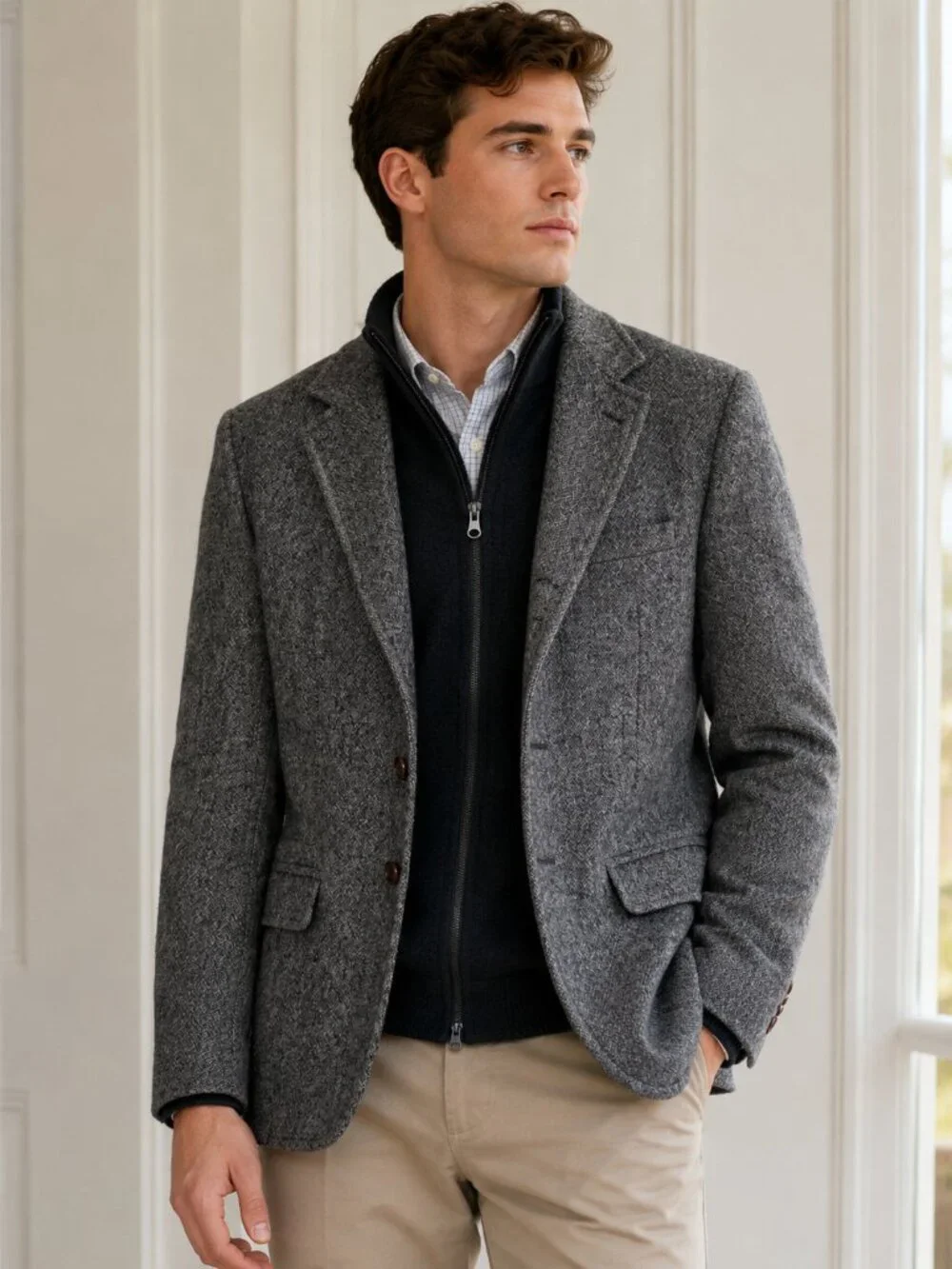 7 For All Mankind Wool Blend Tweed Blazer Knit Dickey Coat Herringbone Jacket M